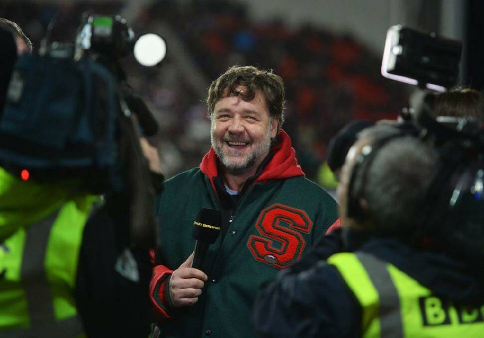 On board: Russell Crowe took a group of investors from his latest movie to the World Club Challenge encounter at the weekend. Photo: Gareth Copley