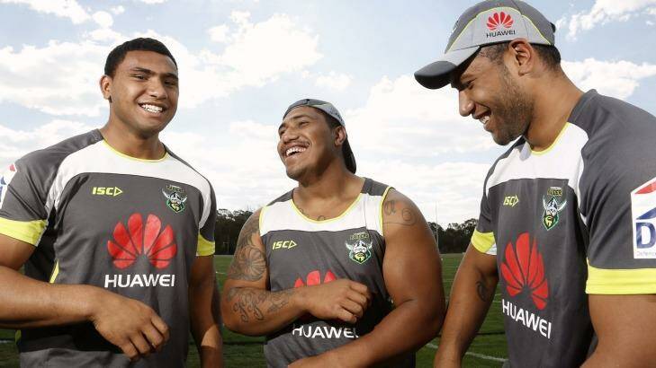 Tevita Pangai (left, with brothers Kilu and Moses) is hoping to break into the Raiders first grade side next year after being named in the Junior Kangaroos team. Photo: Jeffrey Chan 