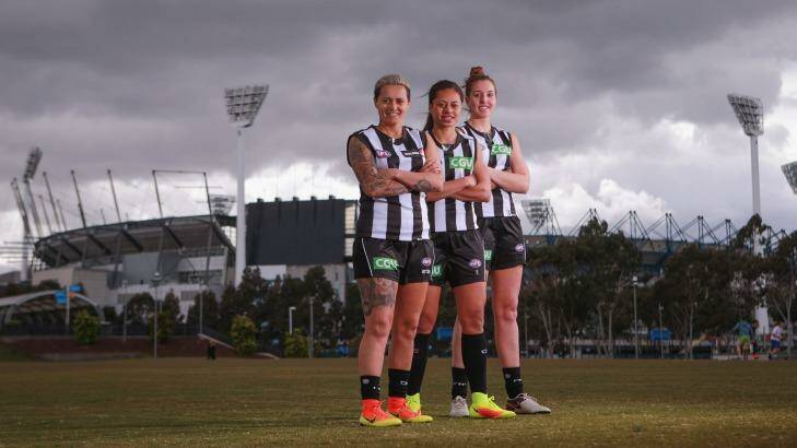 Collingwood footballers (L-R) Mo Hope, Helen Roden and Emma King pose for a photo ahead of the draft for the new AFL Women's League on October 11. Photo: Wayne Taylor