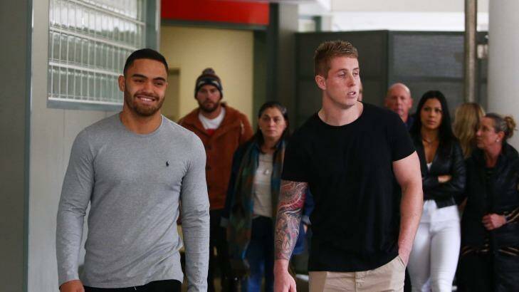 Still not in the clear: Rabbitohs players Dylan Walker and Aaron Gray. Photo: Daniel Munoz