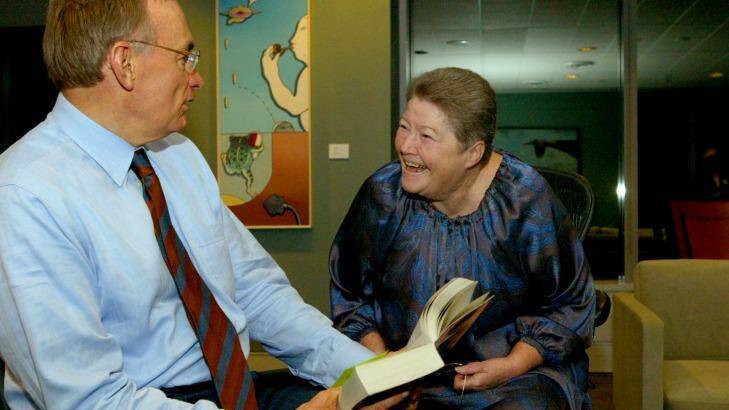 Then Premier Bob Carr with author Colleen McCullough discussing Roman history as a prelude to their Sydney Writers Festival session, in May 2004. Photo: Dallas Kilponen