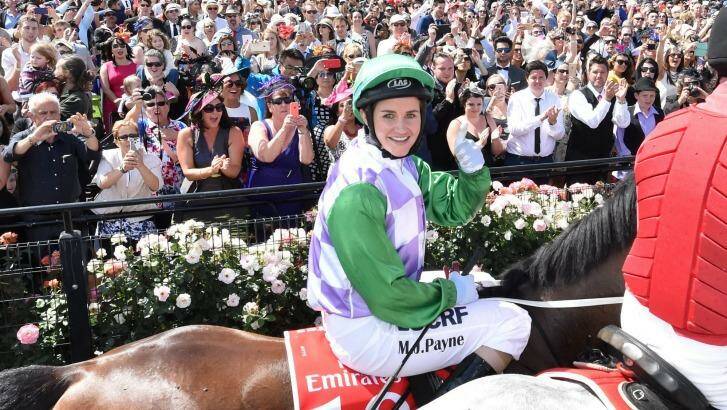 Michelle Payne on Prince of Penzance after winning the 2015 Melbourne Cup. Photo: Joe Armao