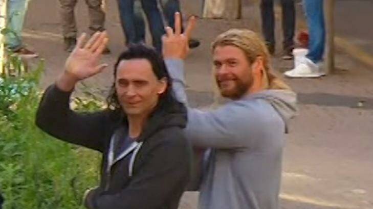 Chris Hemsworth and Tom Hiddleston in Brisbane for the filming of Thor: Ragnarok. Photo: Twitter/Seven Network