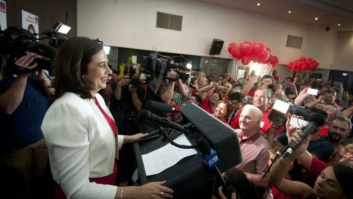 Labor leader Annastacia Palaszczuk is greeted by a jubilant crowd. Photo: Robert Shakespeare