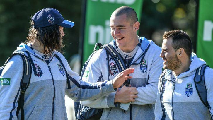 Blues brothers: Aaron Woods (left) and Josh Reynolds (right) have a laugh with David Klemmer at Origin camp. Photo: Brendan Esposito