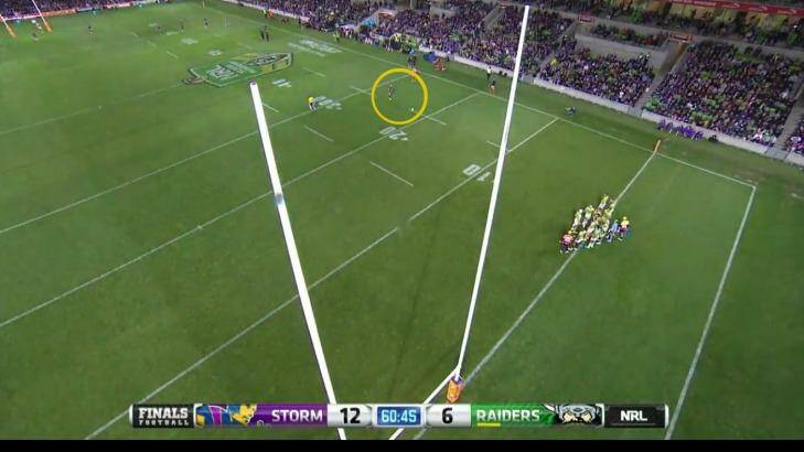 Picture 2: Cameron Smith lines up to kick what would prove to be a missed conversion attempt from way wide of the 10-metre line, as shown by the yellow circle where the Storm skipper is standing. Photo: Courtesy of Fox Sports