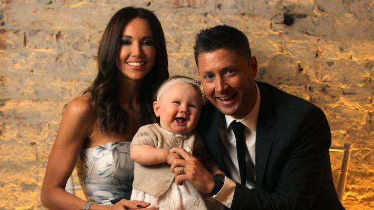 Book business: Former Australian captain Michael Clarke with wife Kyly and daughter Kelsey Lee at his book launch. Photo: Ben Rushton