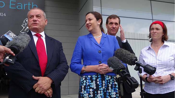 Peter Russo with Labor leader Annastacia Palaszczuk, candidate for Stafford Anthony Lynham and Albert candidate Melissa McMahon. Photo: Amy Remeikis