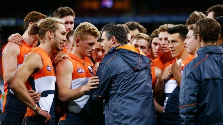 Tough call: Giants head coach Leon Cameron speaks to his players during the round 12 AFL match between the Greater Western Sydney Giants and the North Melbourne Kangaroos. Photo: Matt King/AFL Media