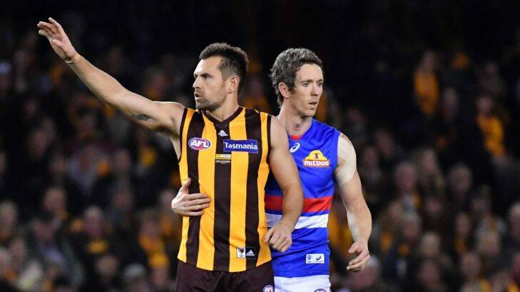 Hodge & Murphy-  AFL Hawthorn v Western Bulldogs at Etihad stadium. Hawthorn's
Luke Hodge and Western Bulldogs Bob Murphy play their last game before retiring from football.   25th of August 2017 The Age Fairfax Media Picture by JOE ARMAO