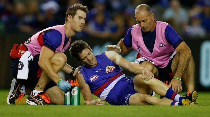 Bob Murphy was injured in the final stages of the Dogs' loss to Hawthorn. Photo: AFL Media/Getty Images