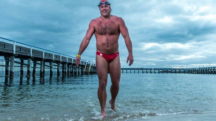 Former AFL player Campbell Brown, who will attempt to swim the English Channel this weekend, training at Brighton Beach. Photo: Justin McManus