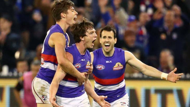 Bulldogs players celebratie a goal. Photo: AFL Media/Getty Images