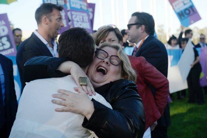 Magda Szubanski. Excitement grows on the Parliament House lawns as the Same Sex Marriage bill is expected to move through both houses today. Photo: Nick Moir 