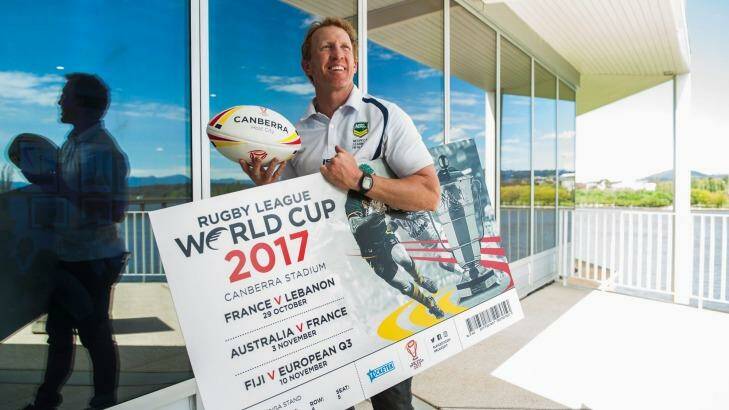 Former Raider Alan Tongue helped launch the one-year-to-go campaign to the rugby league World Cup, with games to be held in Canberra. Photo: Elesa Kurtz