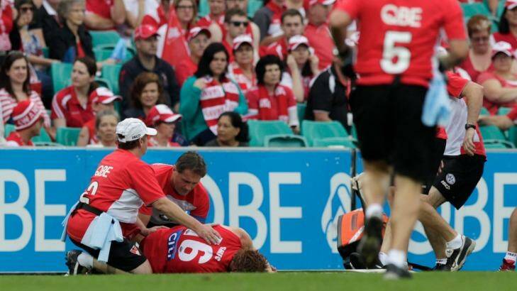 Rohan broke his leg against North Melbourne in 2012. Photo: Quentin Jones