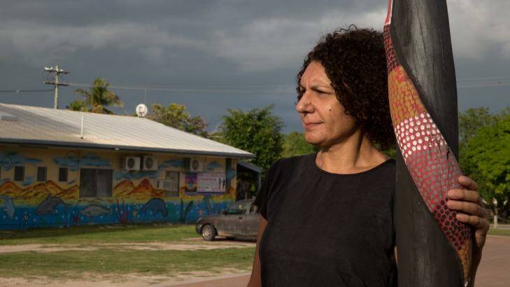 Janina Harding, artistic director of the Cairns Indigenous Art Fair, visiting Pormpuraaw. Photo: Janie Barrett