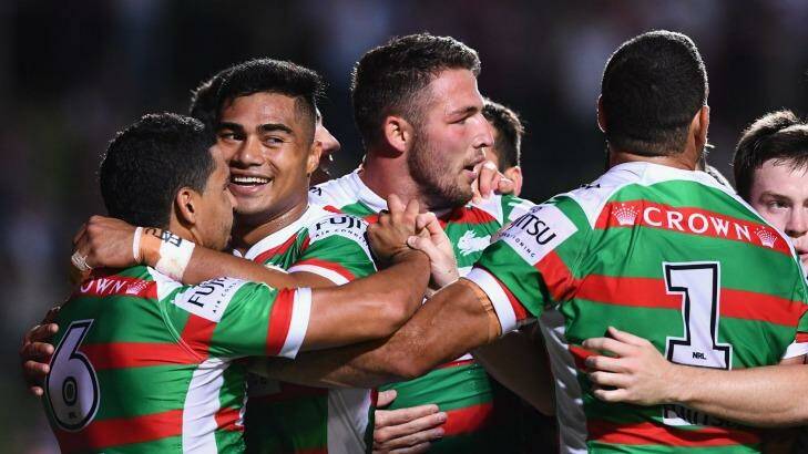 Bunnies on the boil: The Rabbitohs celebrate a Cody Walker try. Photo: Cameron Spencer