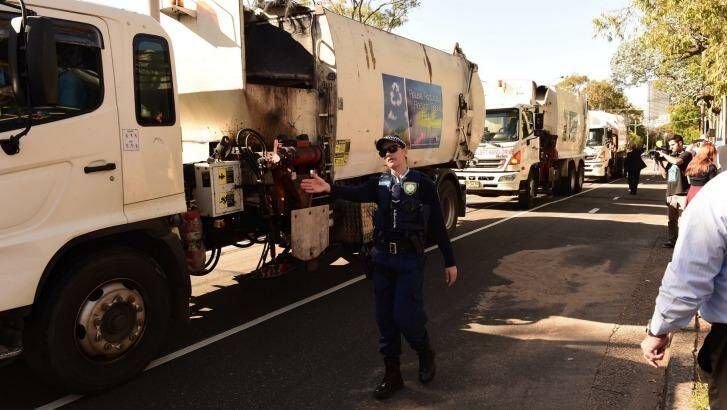 Garbage trucks protest at the SBS program <i>Struggle Street</i>. Photo: Nick Moir