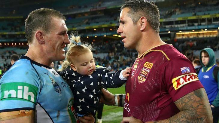 Fulltime friends:  Retiring players Paul Gallen and Corey Parker talk after game three of the 2016 Stat of Origin clash. Photo: Cameron Spencer