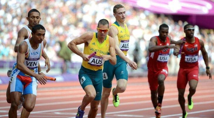 London Olympic Games  2012
Athletics at The Olympic Stadium London , Australia's  4x400m mens relay team fail to qualify for the final , Steve Solomon hands the baton to Ben Offereins
Photo Pat Scala The Age
Thursday the9th of August 2012
