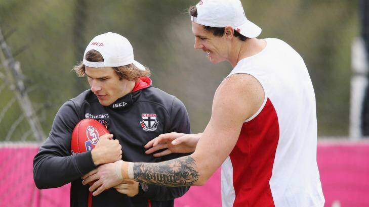 Jake Carlisle tries to steal the ball of fellow recruit Nathan Freeman at St Kilda's pre-season training session. Photo: Getty-Images