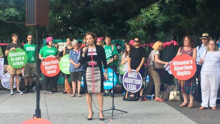 Jackie Trad addresses pro-choice abortion activists as they rally in Brisbane. Photo: Felicity Caldwell