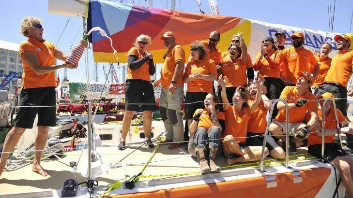 Wendy Tuck and her sailing team celebrate their arrival into Cape Town. Photo: Bruce Sutherland