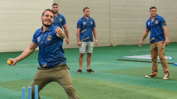 Josh Reynolds shows his bowling style in the SCG nets during the press call for the City team.
 Photo: Brendan Esposito