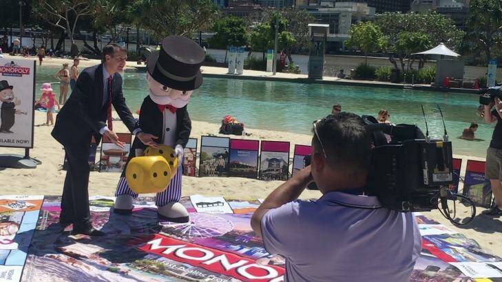 Lord Mayor Graham Quirk and Mr Monopoly launch the Brisbane version of the popular board game. Photo: Felicity Caldwell