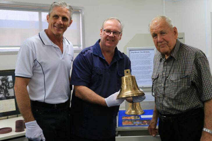 Pictured from left to right Division 2 Cr Tim Dwyer, Landsborough Historical Society Management Committee member Tim Venter and retired Managing Director of Maryborough Olds Engineering, Peter Olds with one of the SS Dicky replica bells which will be on public display at the Landsborough Museum. Photo: supplied