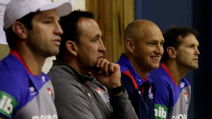Moved on: Newcastle assistant coach Mick Potter, far right, will coach against his former Wests Tigers club for the first time this weekend.
 Photo: Simone De Peak SDP