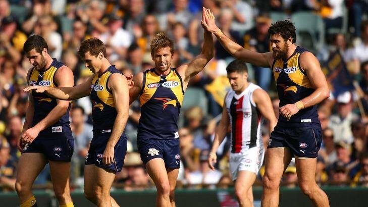 Best in the west: Eagles Mark LeCras and Josh Kennedy celebrate a goal against St Kilda. Photo: Paul Kane