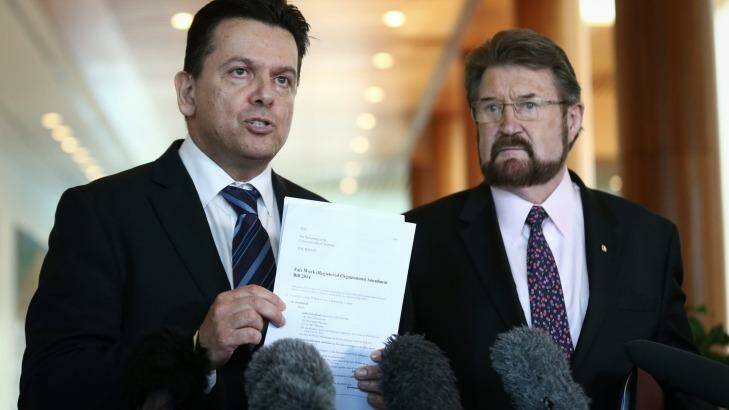 Crossbench senators Nick Xenophon and Derryn Hinch reveal details of the whistleblower law promise Photo: Alex Ellinghausen