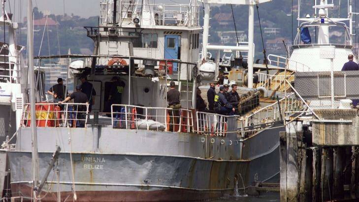Australian authorities dock the freight ship Uniana alongside the HMAS Platypus Naval Base in Sydney on October 15, 1998. The ship was involved in Australia's biggest heroin haul with 390 kilograms of the drug,worth around $400 million carried on board.  Photo: MARK BAKER