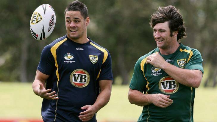 Former club, state and national teammates: Jarryd Hayne and Nathan Hindmarsh during a Kangaroos training session in 2009. Photo: Craig Golding