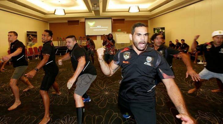 In step: Greg Inglis leads the Indigenous All Stars in a rehearsal of the warrior dance that will take place before the game. Photo: Supplied