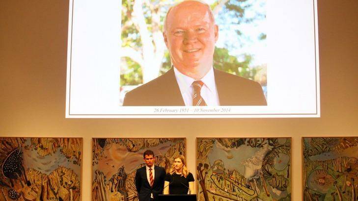 Wayne Goss's daughter Caitlin Goss and son Ryan Goss speak at a memorial service for their father. Photo: Michelle Smith