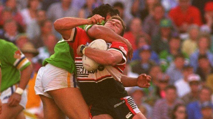 John Lomax's high shot on Billy Moore in the 1994 preliminary final cost him grand final glory with Canberra Raiders  Photo: Craig Golding 