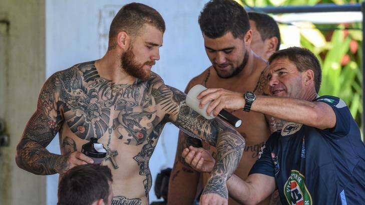 Patched up: Josh Dugan being fitted with a bio-patch on Wednesday. Photo: Brendan Esposito