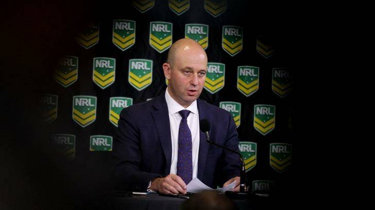 NRL chief executive Todd Greenberg  announces the punishment handed down to the Parramatta Eels. Photo: Ben Rushton