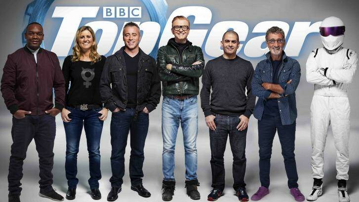 Top Gear's line-up of presenters for 2016. From left: Rory Reid, Sabine Schmitz, Matt LeBlanc, Chris Evans, Chris Harris, Eddie Jordan, The Stig. Photo: BBC/Top Gear