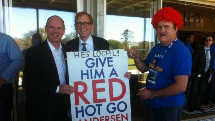 Premier Campbell seeks the redhead vote for LNP candidate Bob Andersen. Photo: Tony Moore