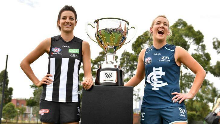 Opposing captains Steph Chiocci of the Magpies and Lauren Arnell of the Blues. Photo: Joe Armao
