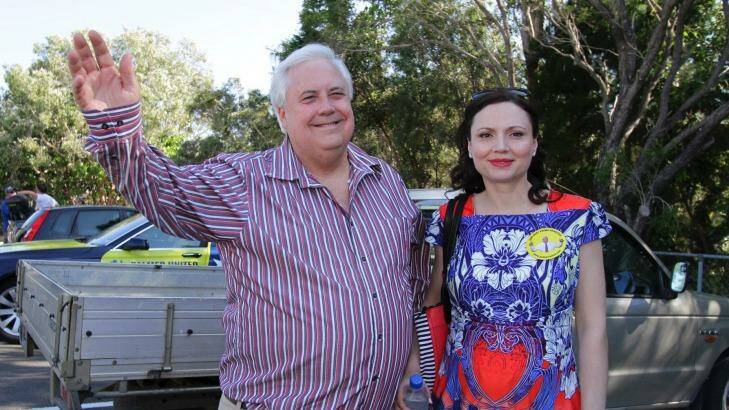 Clive Palmer and wife Anna on the hustings during the Queensland election campaign. Photo: Michelle Smith