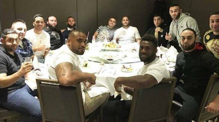 Dinner at The Century: Rafat Alameddine (fifth from left in black shirt) and former bikie Paulie Younan (sixth from left at back of table) pictured with Norman, Segeyaro and Paulo. Photo: Instagram