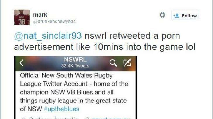 The NSWRL is investigating how its official twitter account retweeted a sexually explicit photo during the NRL grand final.  Photo: Twitter