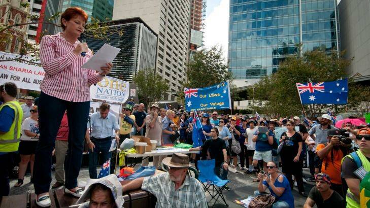 One Nation founder Pauline Hanson addresses the Reclaim Australia rally in Brisbane. Photo: Robert Shakespeare
