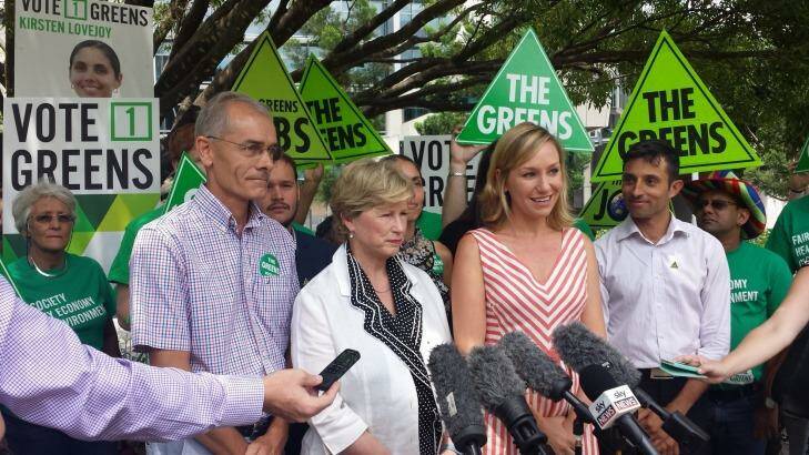 Greens Queensland lead spokesman Charles Worringham, Federal leader Christine Milne, Larissa Waters with candidates and supporters in Brisbane on Friday. Photo: Kristian Silva