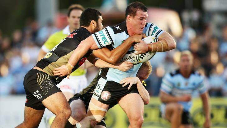 Paul Gallen leads the charge for the Sharks against the Panthers. Photo: Matt King